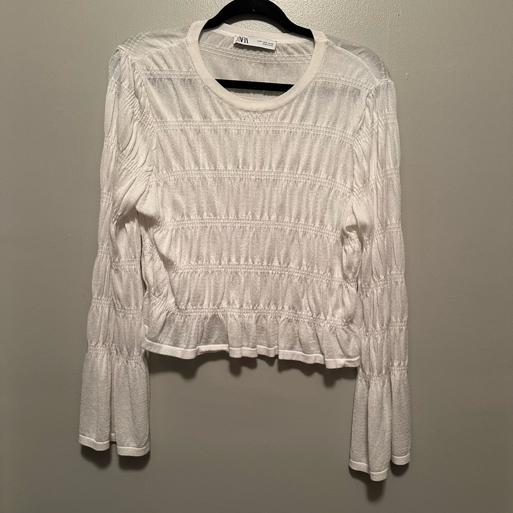Zara White Ruched Bell Sleeve Crop Blouse
